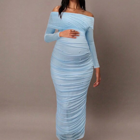 Blue Elegant Maternity Open Shoulder Ruched Slim Fit Maxi Dress - Picture 4 of 7